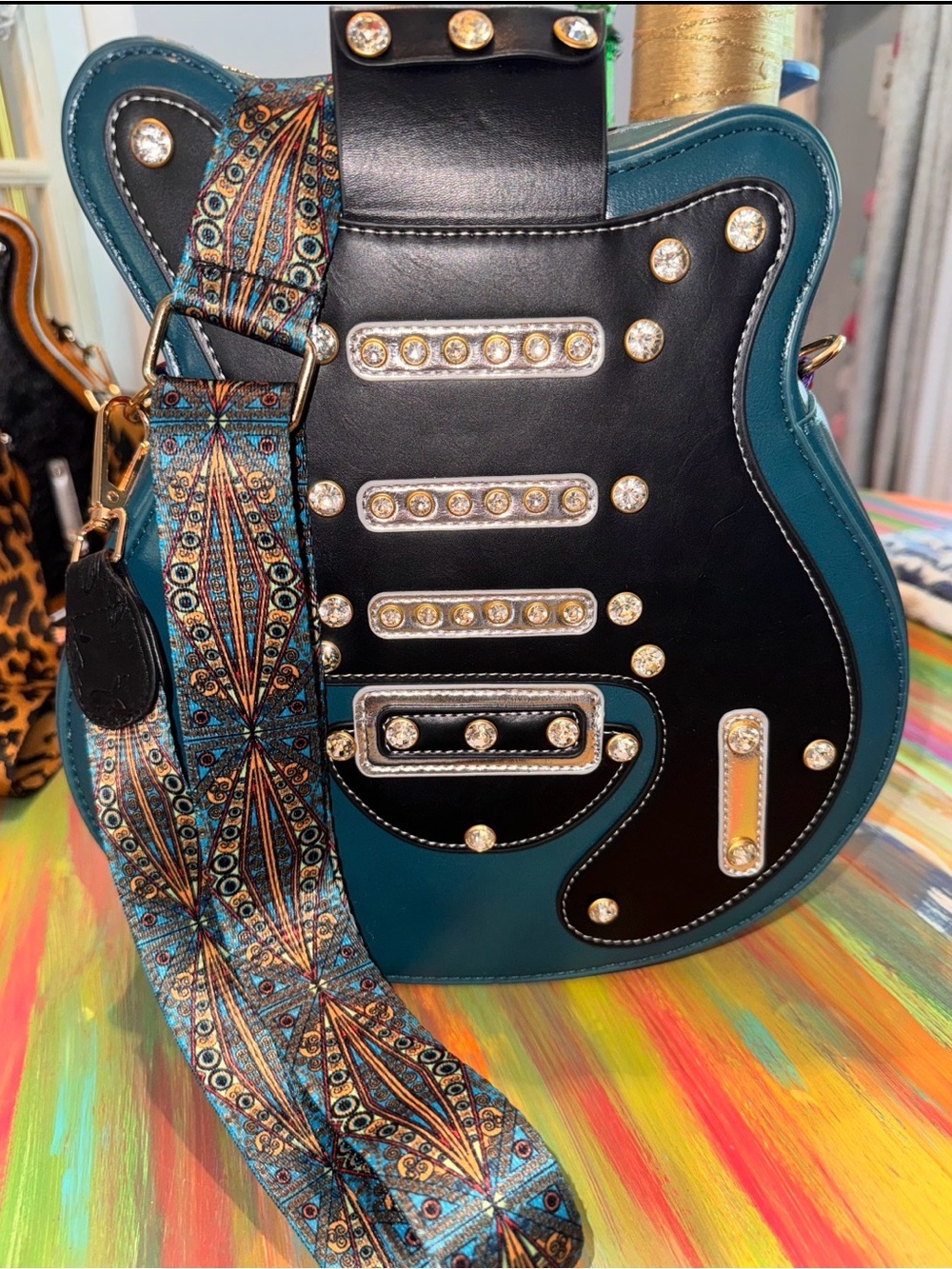 Teal & Black Guitar-Shaped Shoulder Bag+other styles/color w/purse guitar strap